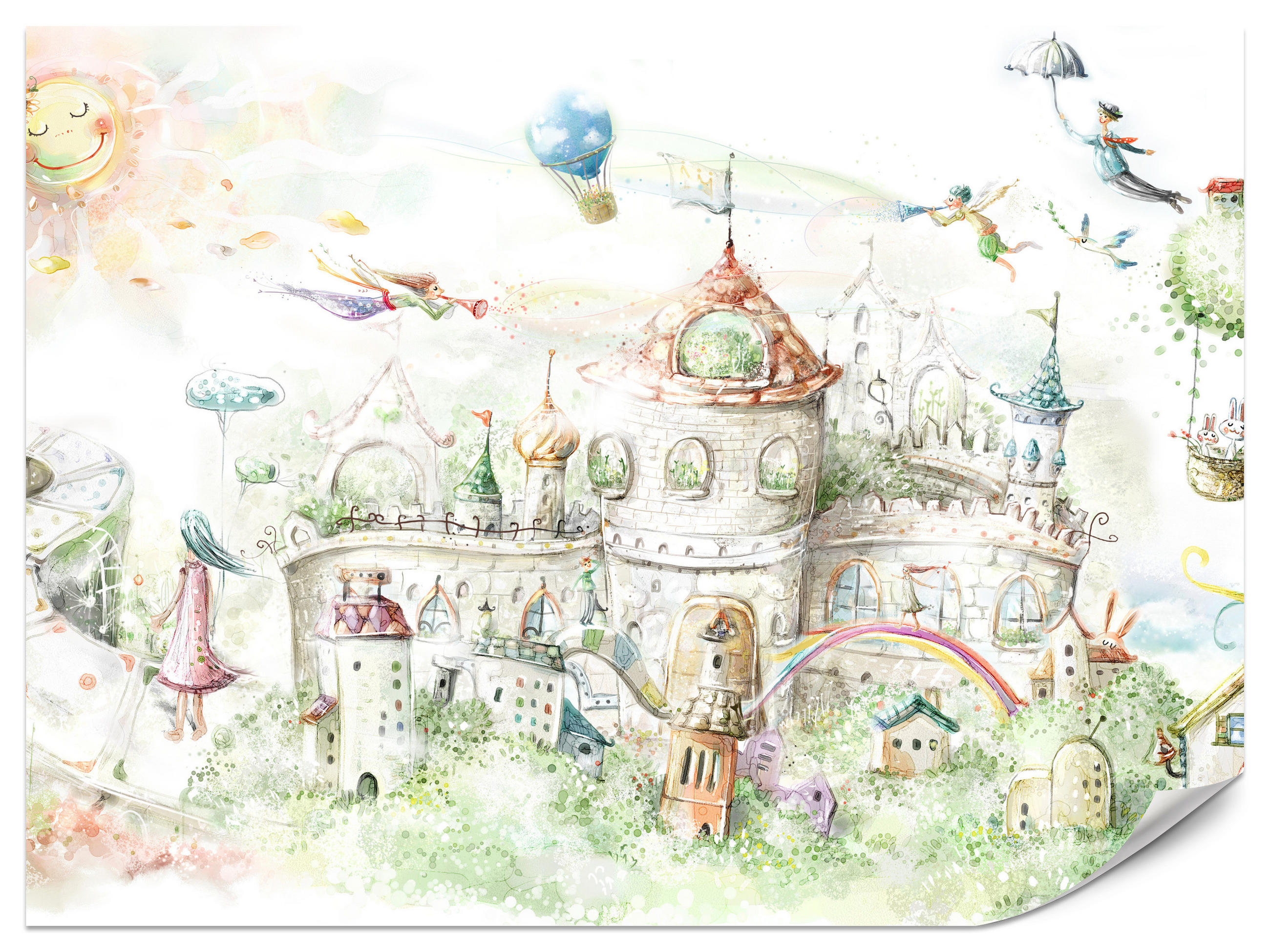 FOTOTAPETE für Kinderzimmer Märchenstadt Schloss Magisch 350x256 - Blau/Gelb, Papier (350/256cm) - Muralo