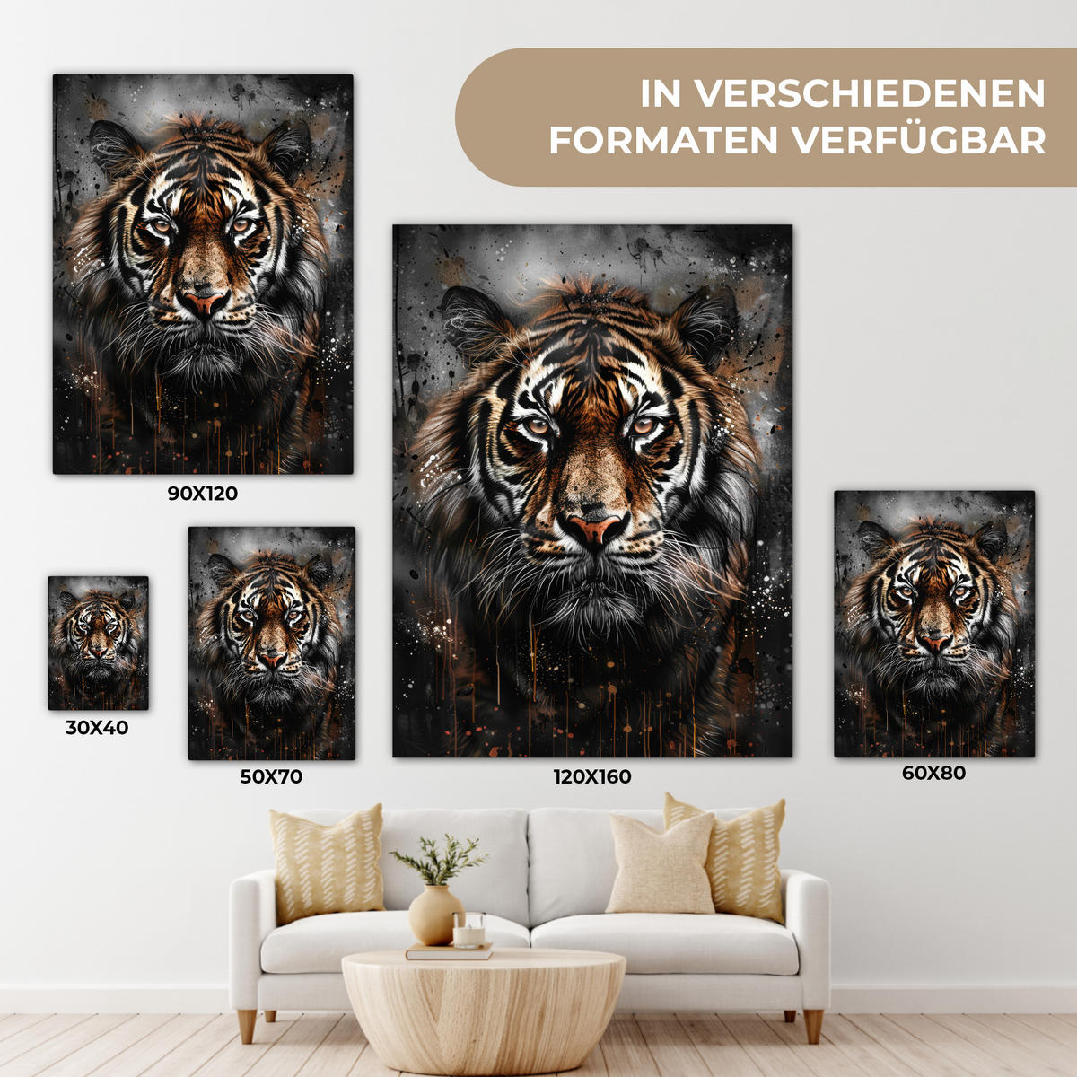 LEINWANDBILD Tiger - Tiere - Porträt - Luxus - Schwarz 60x80 cm - Anthrazit, Textil (60/80cm) - MuchoWow