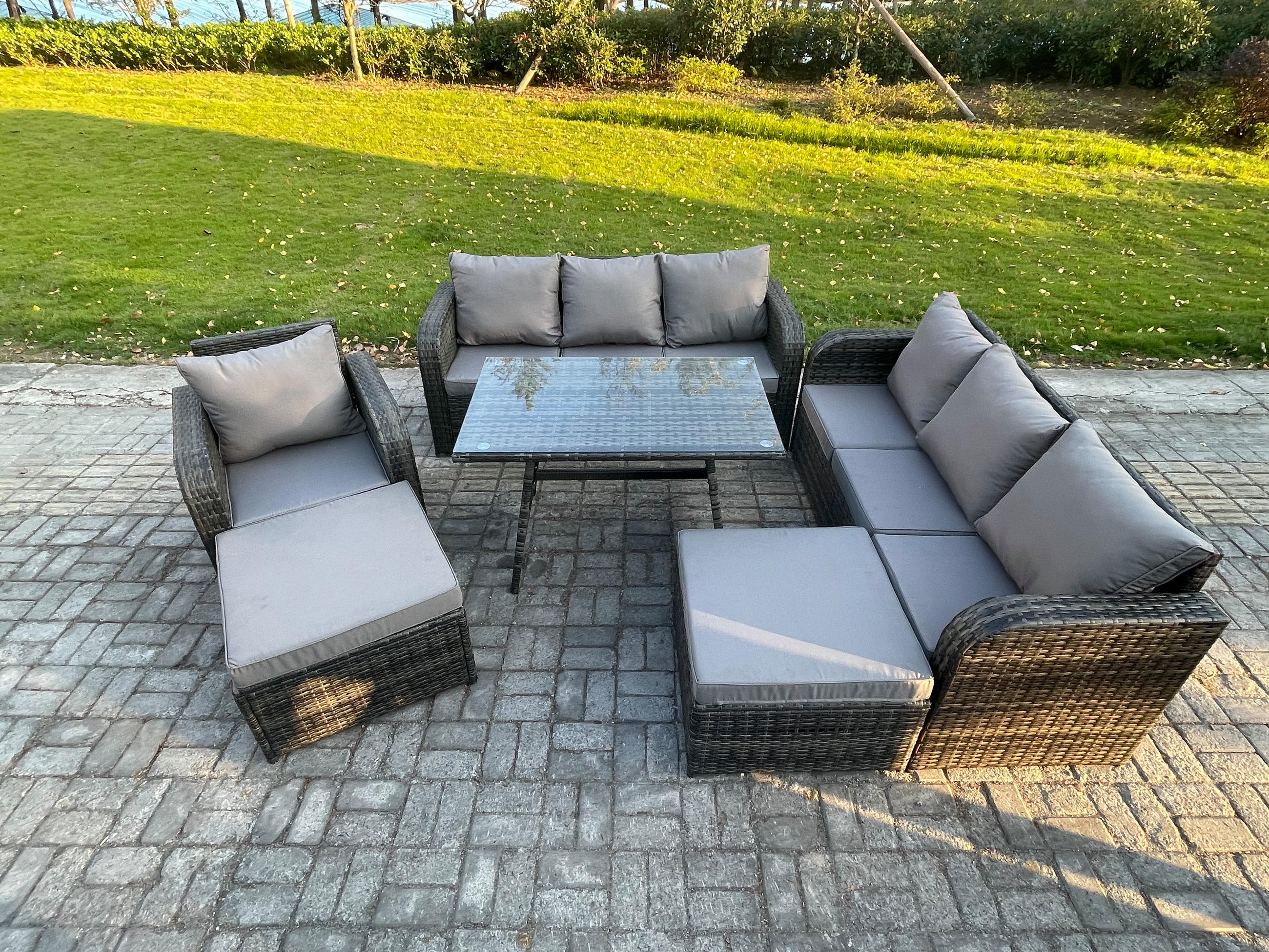 GARTENMÖBELSET mit ESSTISCH,SOFA Polyrattan 10-Sitzer - Dunkelgrau/Grau, Glas/Kunststoff - Fimous