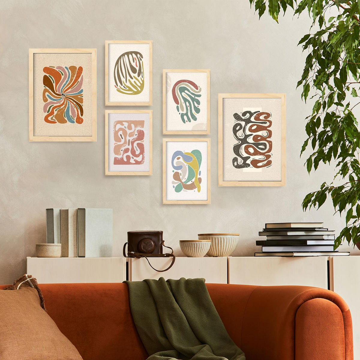 POSTER Set Mit 6 Drucken Von Bewegungen In Der Sammlung Von Ethnischen Dekorative Rahmen Für Ihr Zuhause Wandkunstdruck A3 & A4 Rahmen Aus Hellem Holz - Beige, Papier (29/3cm) - Nacnic