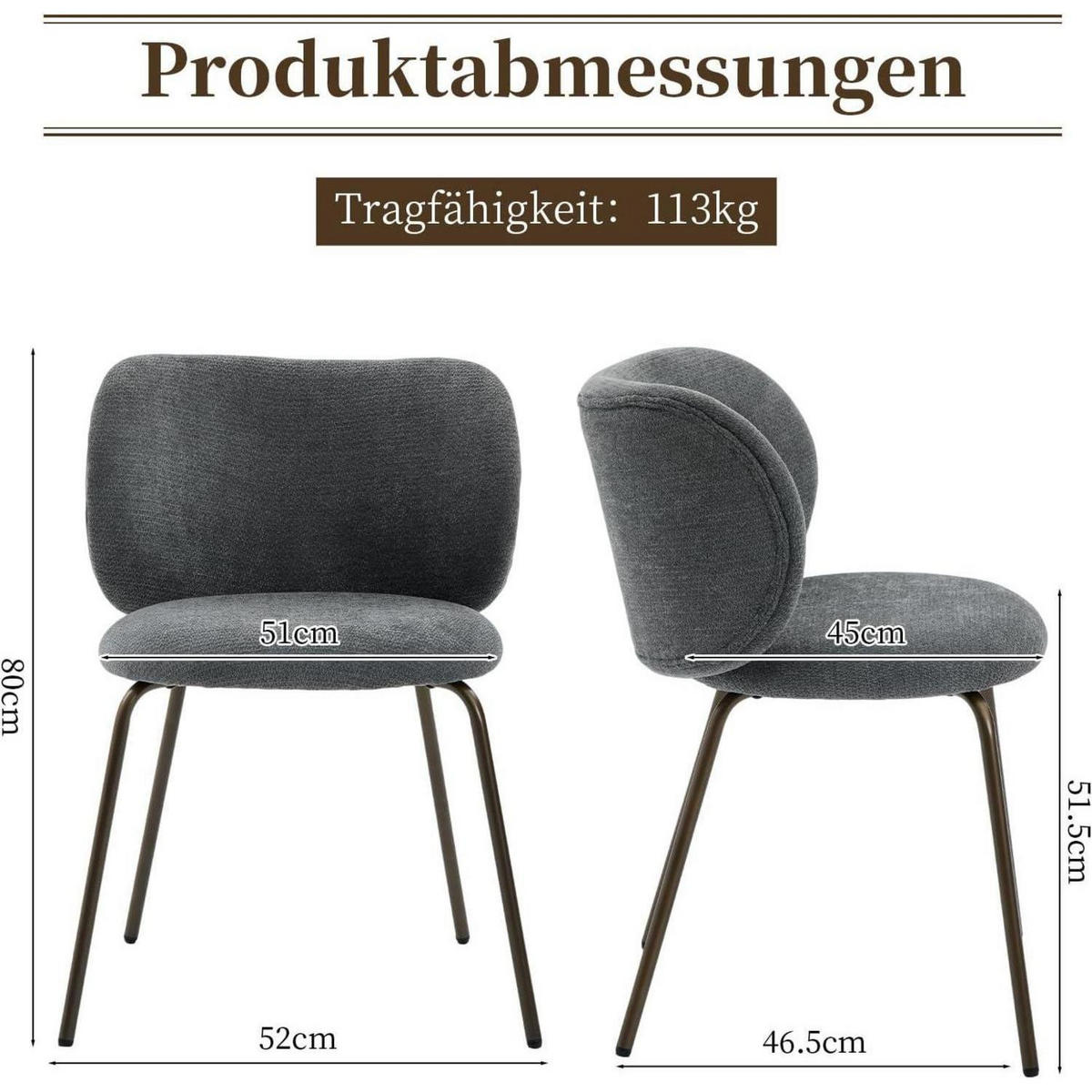 ESSZIMMERSTUHL 1er Set Chenille Grau mit Metallbeinen - Grau, Textil (52/80/46.5cm)