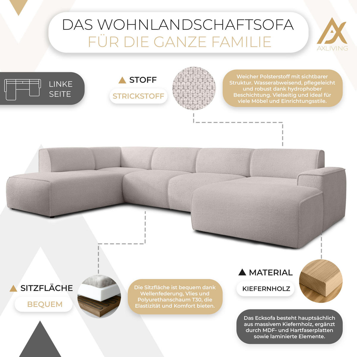 WOHNLANDSCHAFT Didim Taupe 378/220/78 cm – großes Sofa stilvoll & bequem L - Taupe/Schwarz, Kunststoff/Textil (220/78/378cm) - AX Living