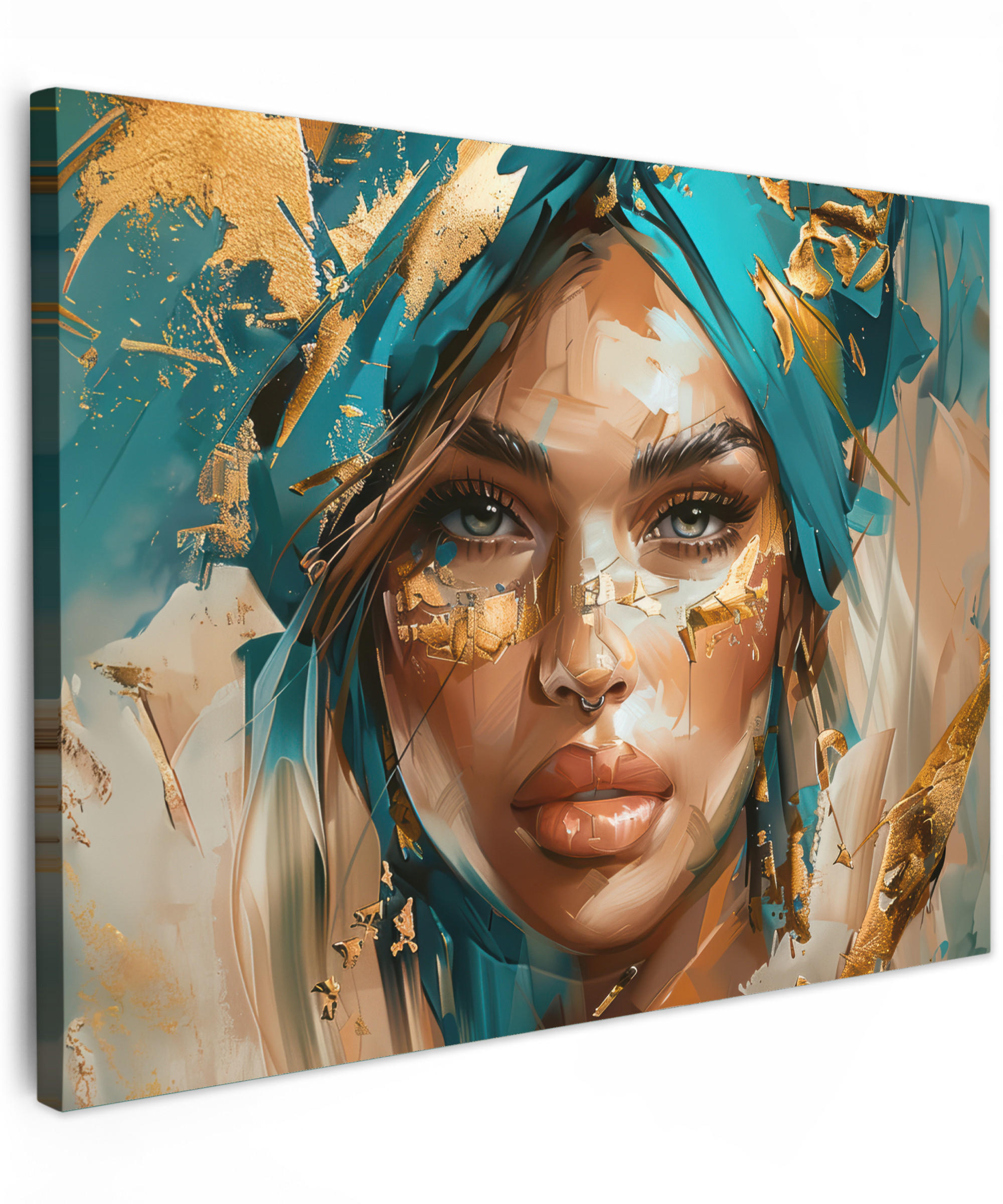 LEINWANDBILD Frau - Porträt - Gold - Luxus - Blau Wandbild 40x30 cm - Türkis, Textil (40/30cm) - MuchoWow