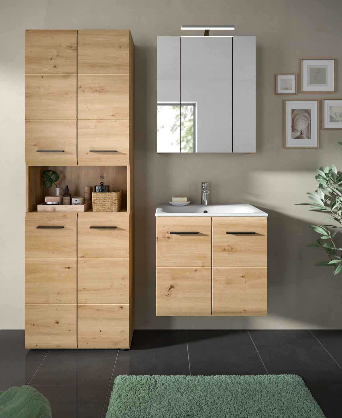 HOCHSCHRANK in Eiche Artisan, Badschrank 60 cm mit viel Stauraum, Cover - Schwarz/Eiche Artisan, Holzwerkstoff/Kunststoff (60/185/30cm) - Inn.Furn