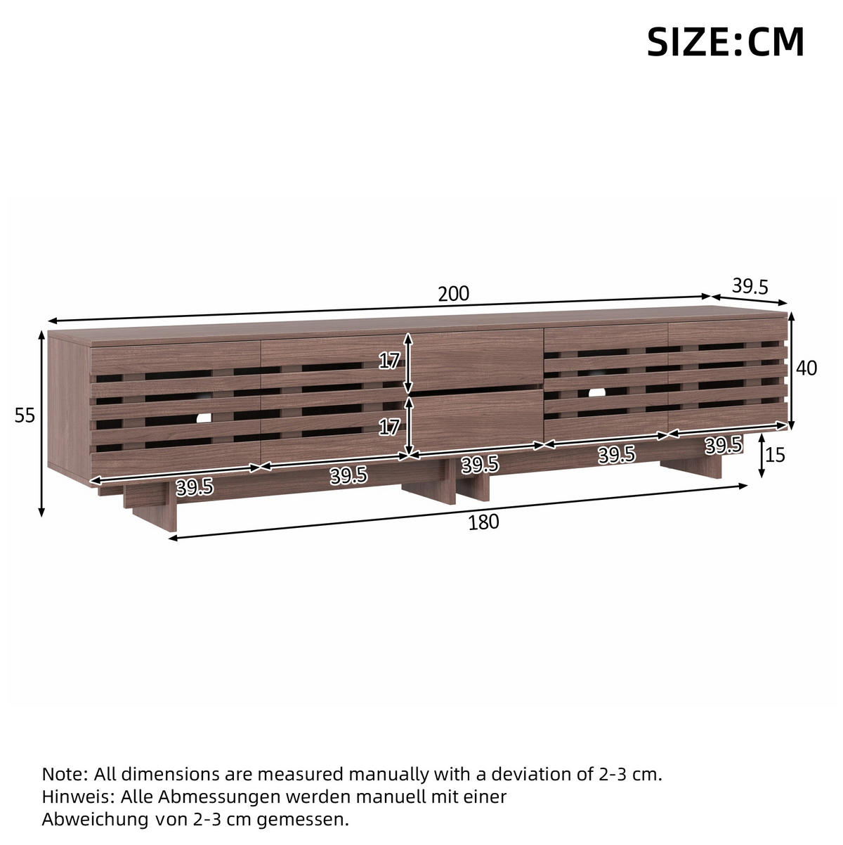TV-LOWBOARD 200/39,5/55 cm walnussfarben aus MDF mit 2 Schubladen - Walnussfarben, Holzwerkstoff (200/55/39.5cm) - OKWISH