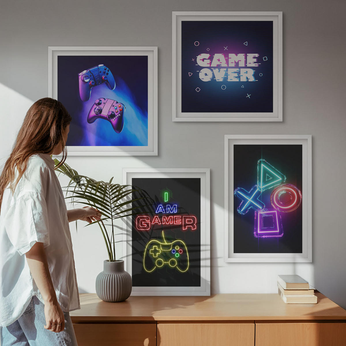 WANDBILDER 4er-Set - 50x50 cm & 40x60 cm Weißer Rahmen - Gamepads, Spielersymbol-Untertitel - Weiß, Kunststoff (50/50cm) - ArtPrintCave