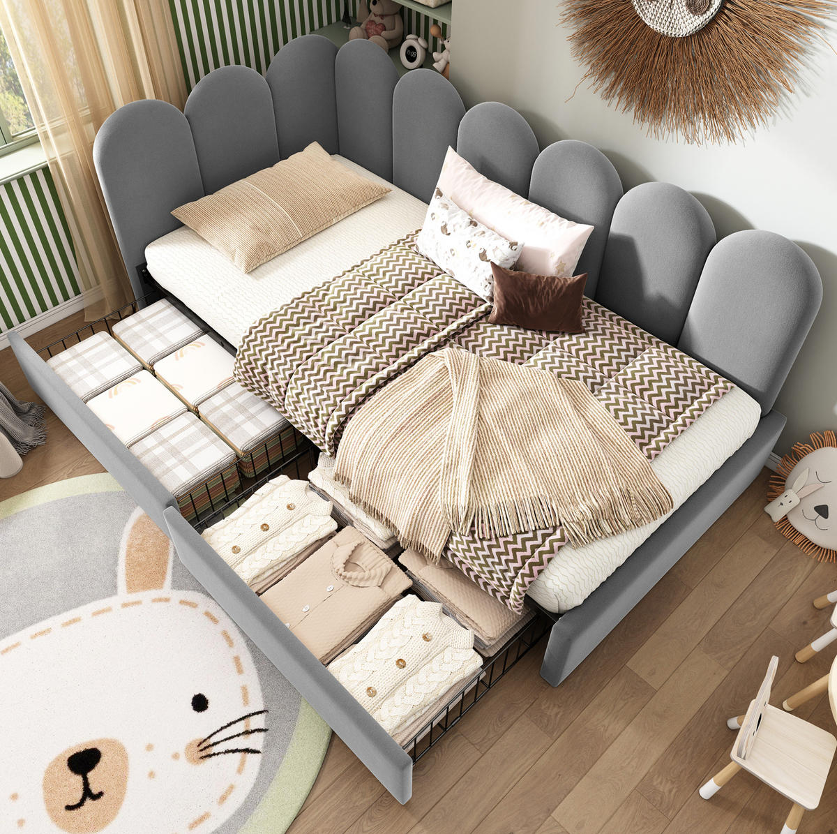 POLSTERBETT 90/200 cm Grau aus Samt mit 2 Schubladen - Grau, Textil (90/200cm) - OKMYHOME