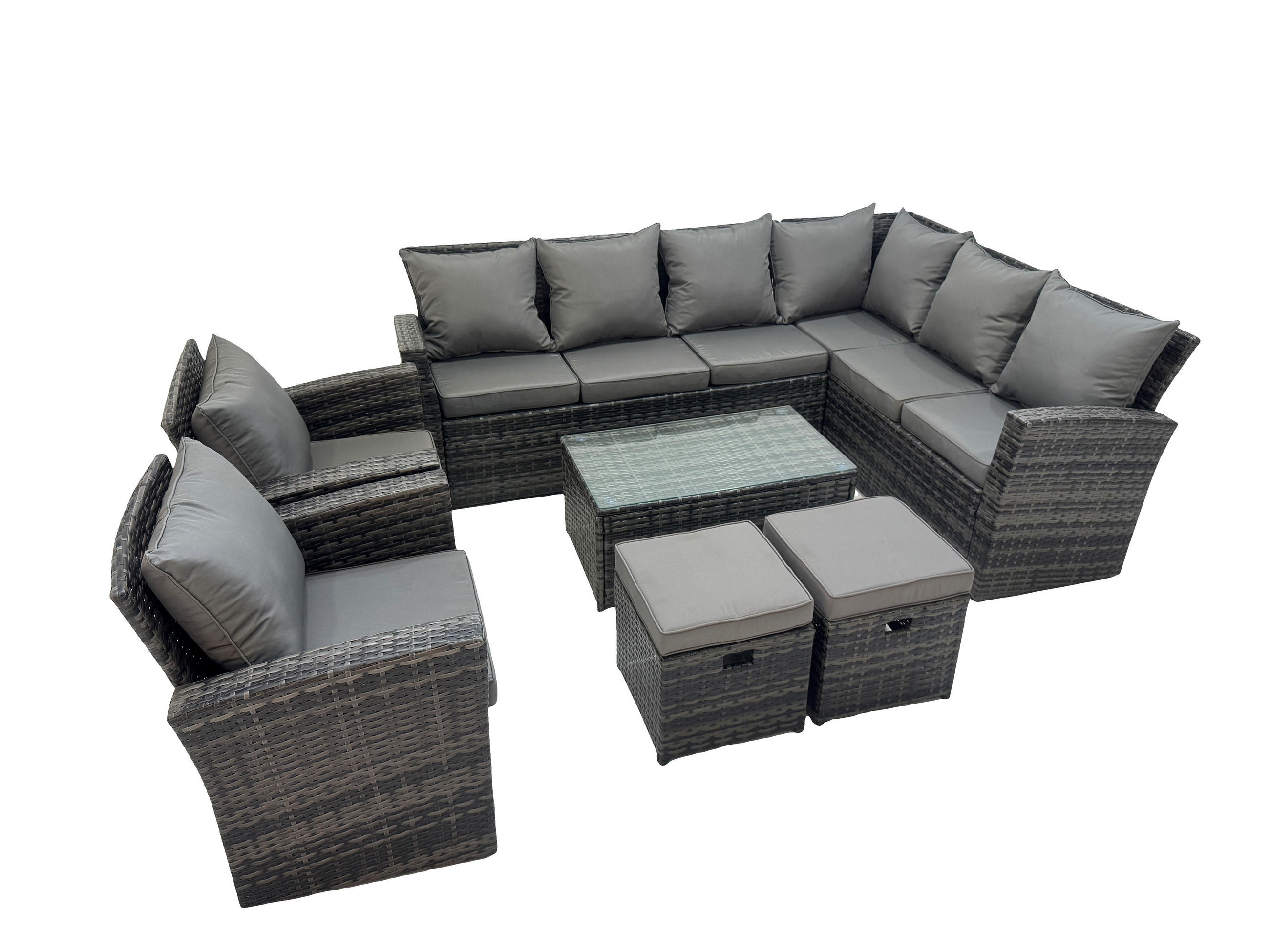 LOUNGEMÖBEL-SETS mit Couchtisch Sofa Polyrattan Dunkelgrau 10-Sitzer - Dunkelgrau/Grau, Glas/Kunststoff - Fimous
