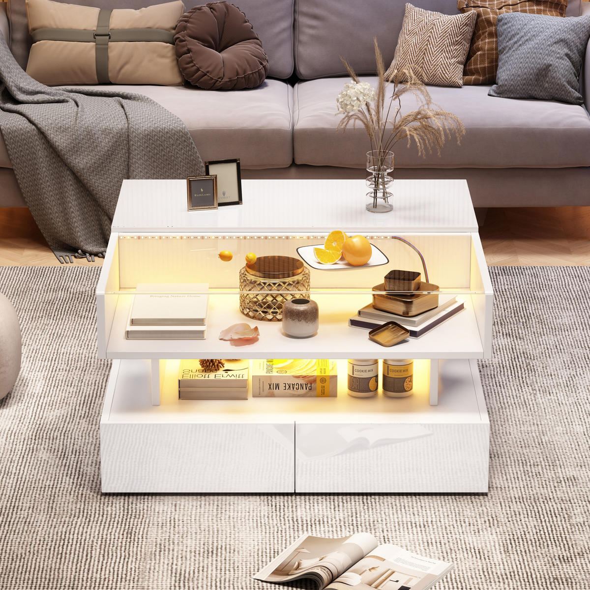 COUCHTISCH 80x80x45 cm Weiß LED 2 Schubladen Stauraum Glas - Weiß, Holzwerkstoff (80/80/45cm)