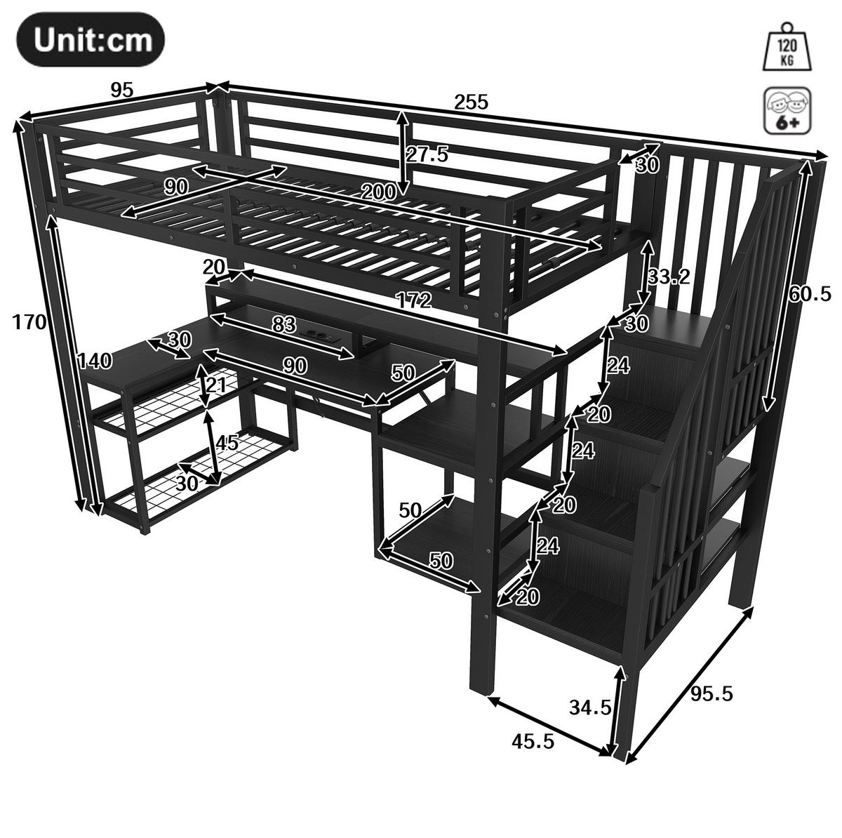 HOCHBETT 90/200 cm schwarz aus Metall und MDF mit LED USB und Schreibtisch - Schwarz, Metall (90/200cm) - OKWISH