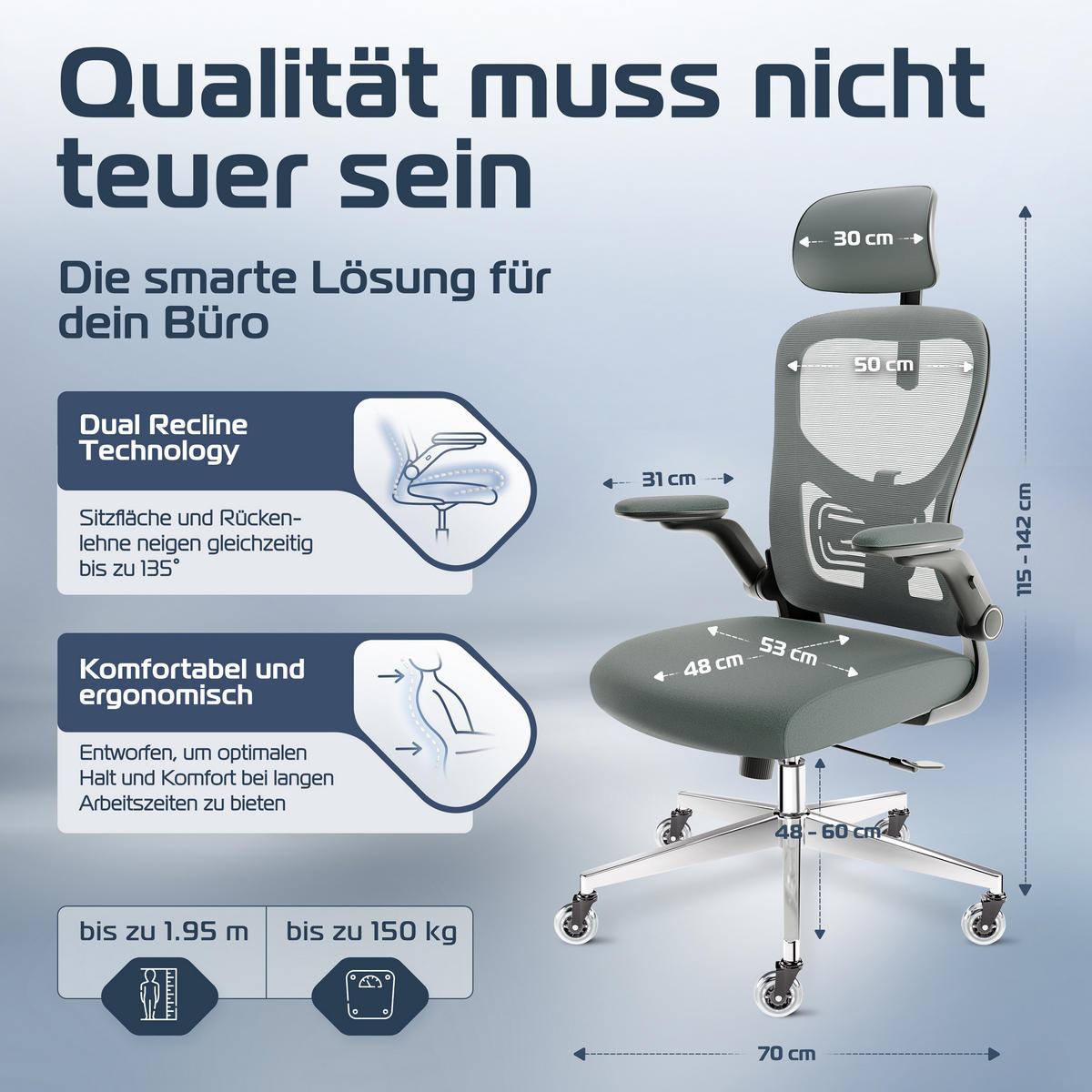BÜROSTUHL SmartSeat Anthrazit - Anthrazit/Silberfarben, Kunststoff/Textil (70/142/70cm) - Clouvou