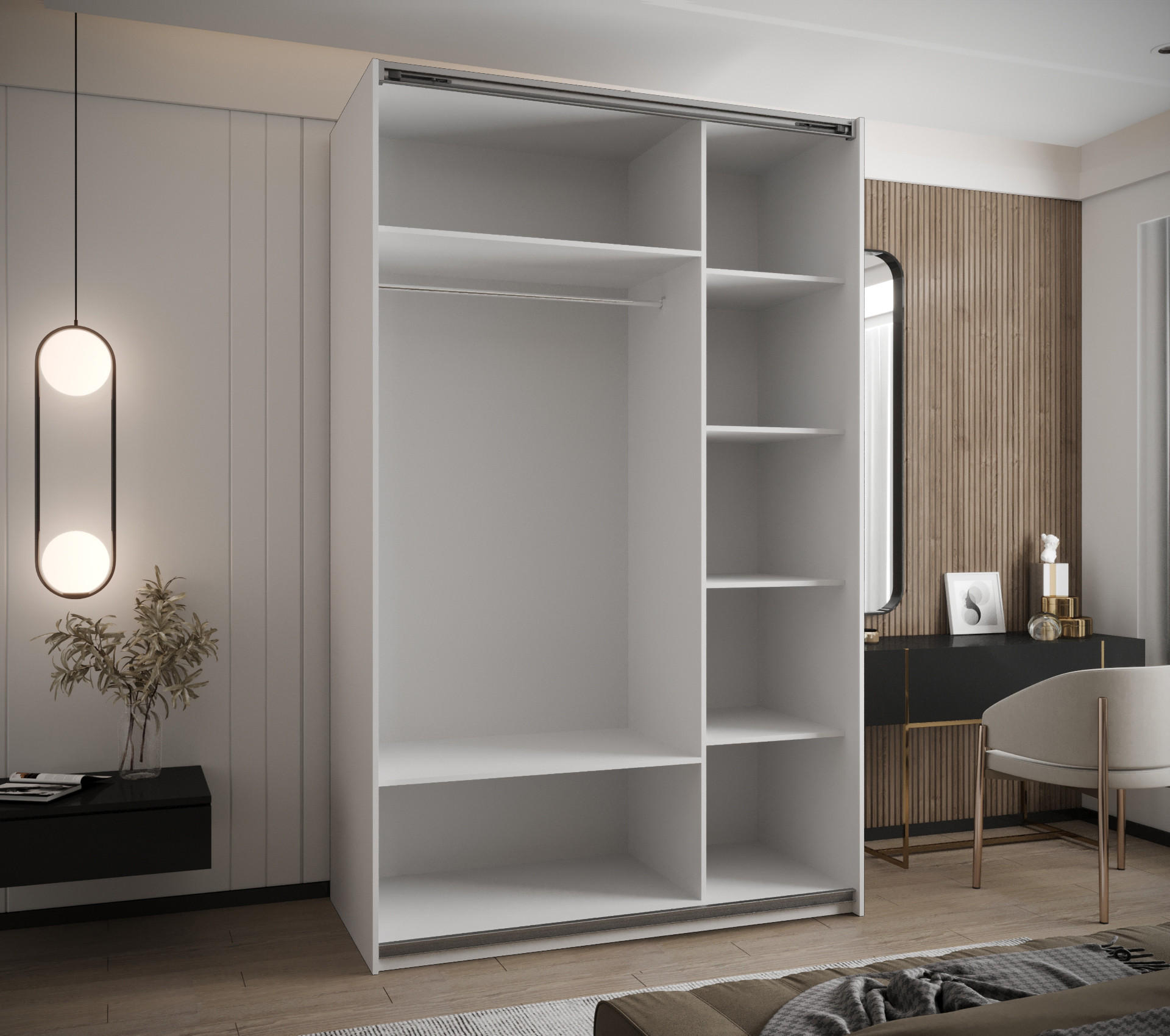 Thumbnail - Abiks Möbel Schwebetürenschrank, Weiß, Eiche Artisan, Schwarz, Metall, Nachbildung, 6 Fächer, 150x245x64 cm, Schlafzimme...