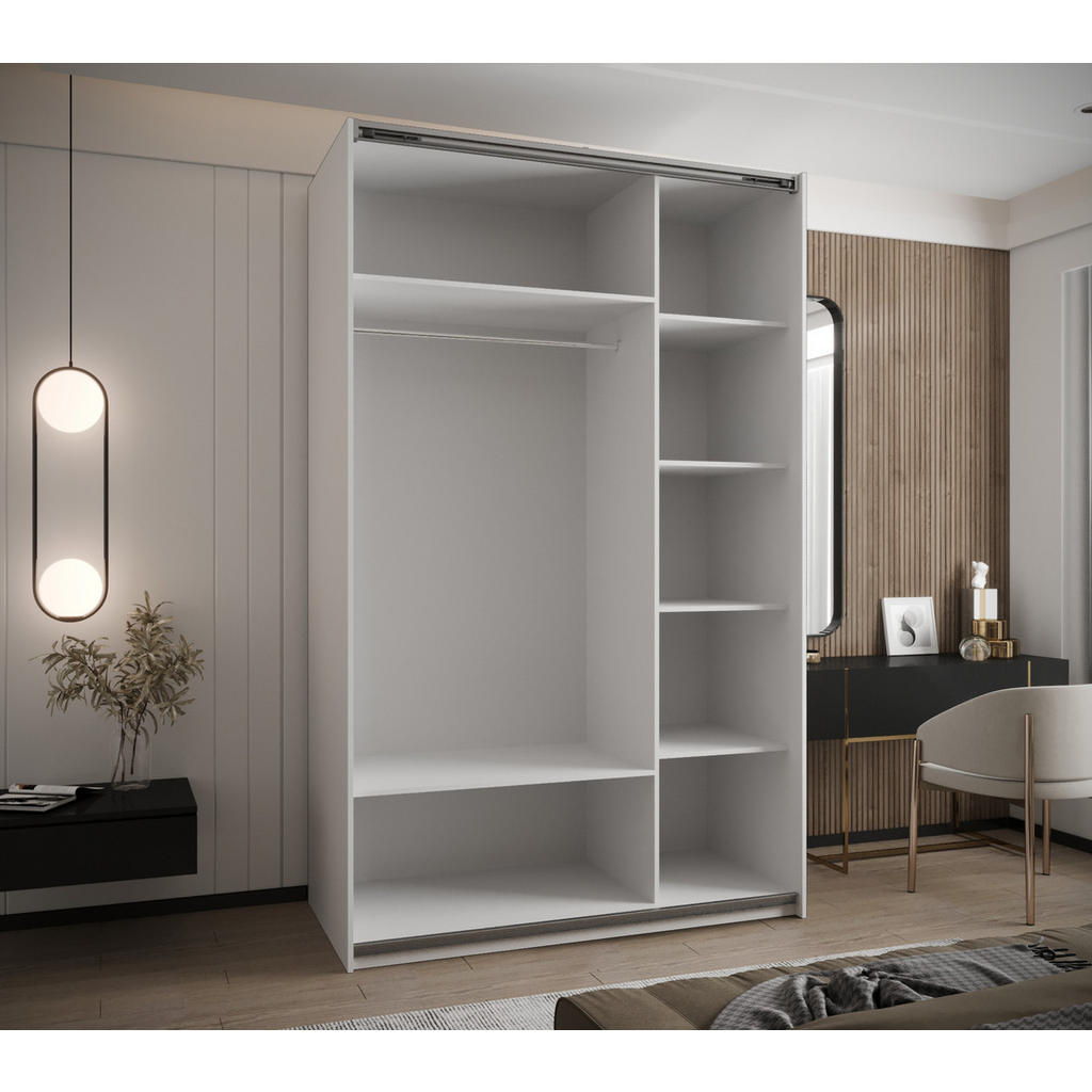 Thumbnail - Abiks Möbel Schwebetürenschrank, Weiß, Schwarz, Schwarz, Metall, Nachbildung, 6 Fächer, 150x245x64 cm, Schlafzimmer, Kle...