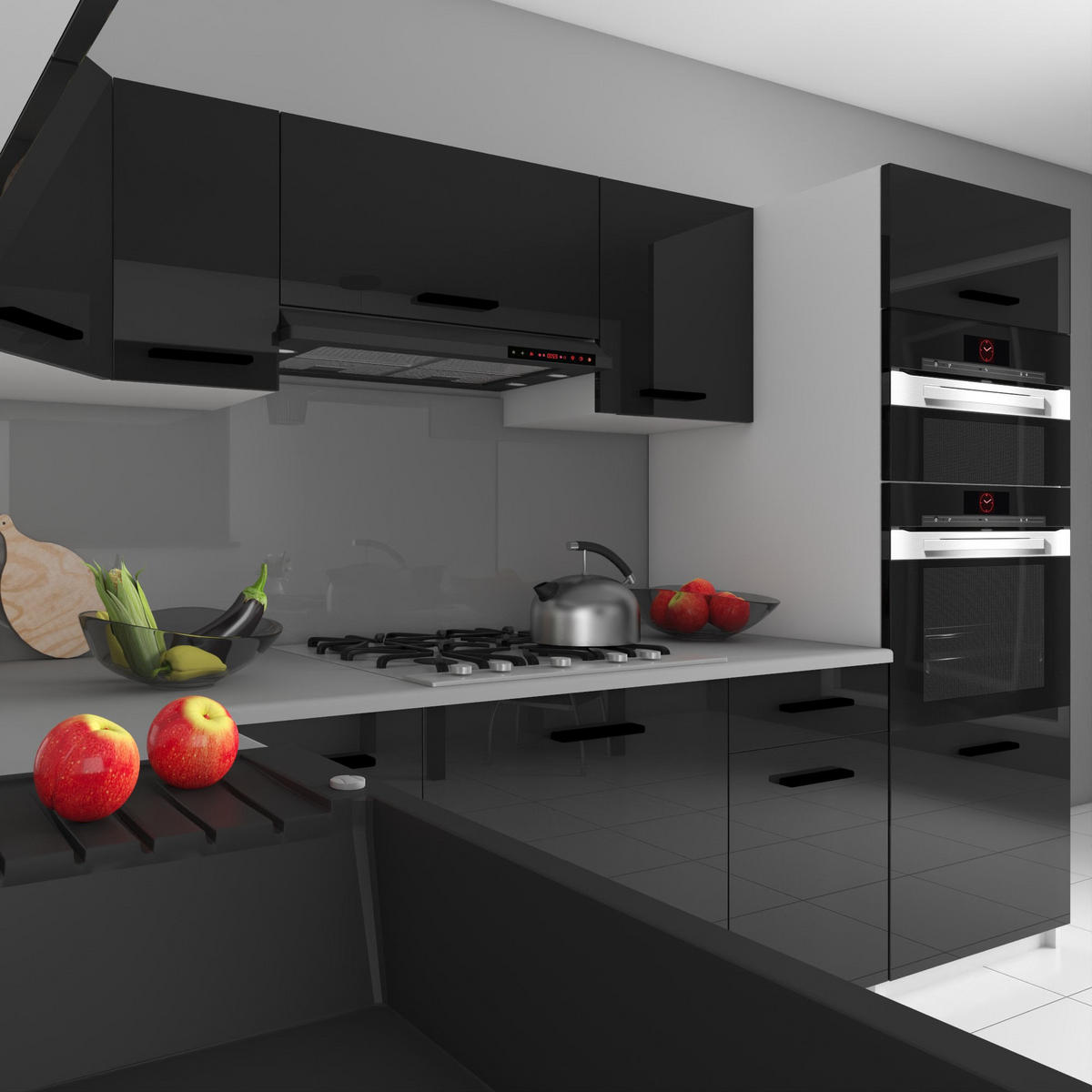 KÜCHENZEILE Italia 8 420 cm , mit Arbeitsplatten, Schwarz - Schwarz, Holz (420/143/60cm) - B BELINI GROUP