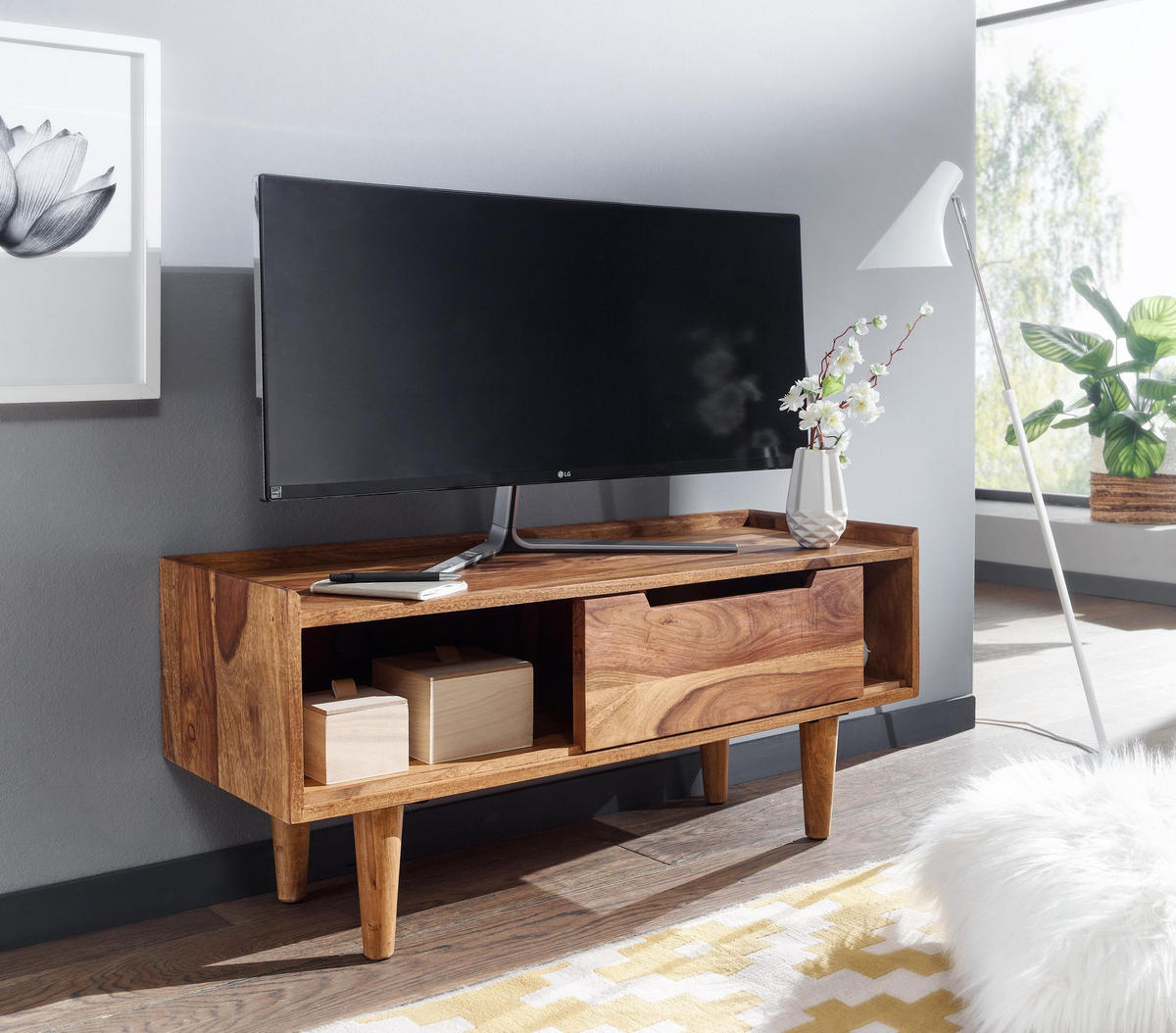 LOWBOARD Massivholz Modern Stil für Fernseher bis 50 Zoll mit Schiebetür und 2 Fächern - Braun, Holz (95/44/34cm) - KADIMA DESIGN