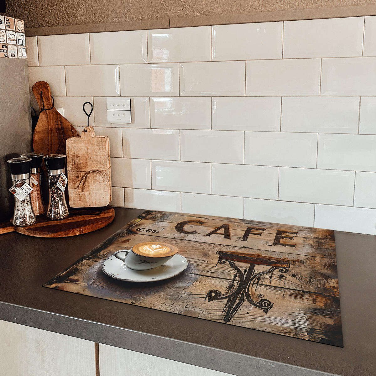 HERDABDECKPLATTE Cafe - Holz - Kaffee - Regale Herdabdeckung Induktionsfeld 65x52 cm - Schwarz, Kunststoff (65/52/0.2cm) - MuchoWow