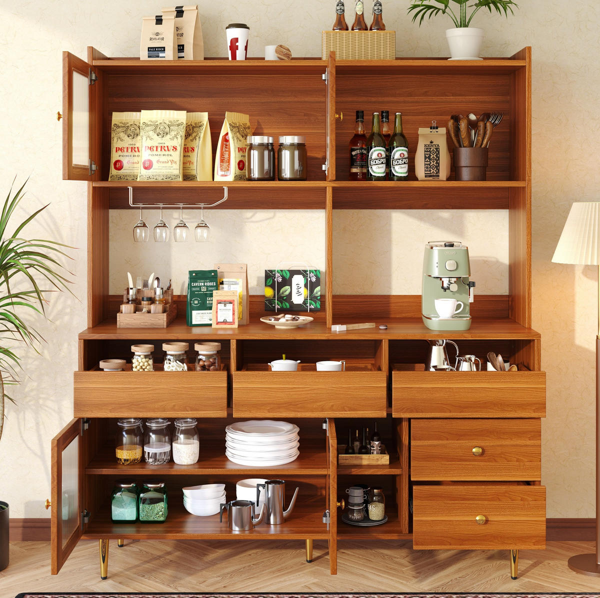 BUFFET 145/39/171 cm in Walnussbraun mit Changhong-Glastür und Weinregal - Walnussfarben, Holzwerkstoff (39/171/145cm) - Flora Grace
