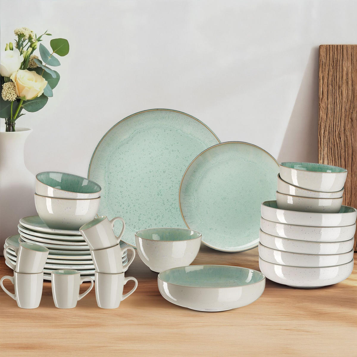 KOMBISERVICE Mare, ineinander stapelbar, Mint - Mintgrün, Keramik (26.5/2.5/26.5cm) - tectake