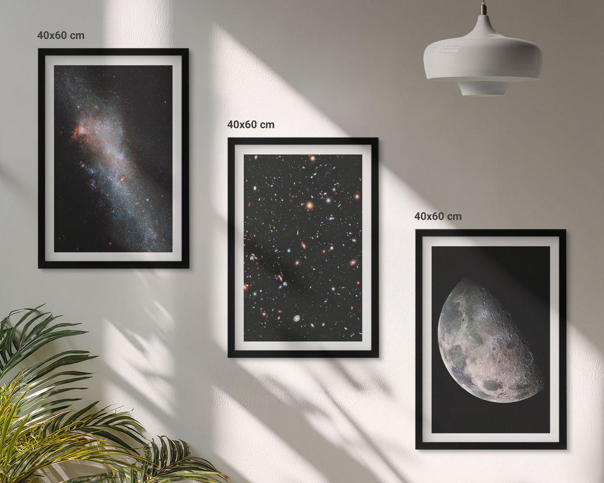BILDER SET 3er Set - 40x60 cm Schwarzer Rahmen - Weltraum Galaxien Sterne Mond - Schwarz, Kunststoff (40/60cm) - TULUP