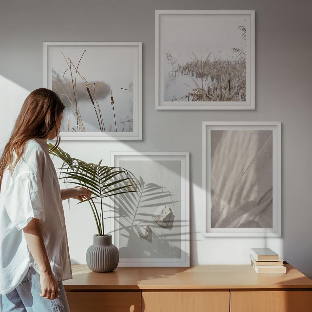 WANDBILDER 4er-Set - 50x50 cm & 40x60 cm Weißer Rahmen - Nahaufnahmen der Struktur im Boho-Stil - Weiß, Kunststoff (50/50cm) - ArtPrintCave