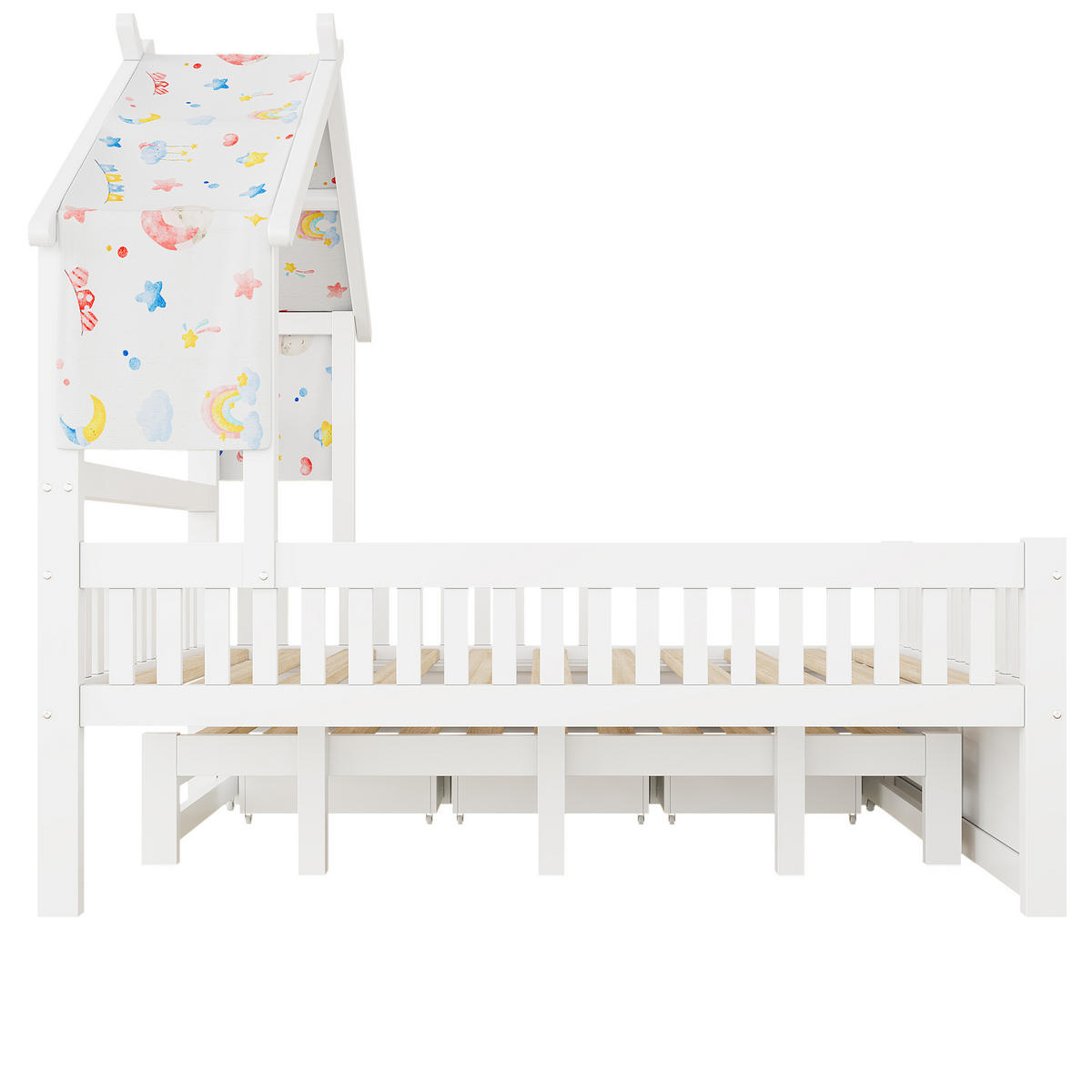 HAUSBETT 140/200 cm DE-03356, mit Ausziehbett, 3 Schubladen und Sicherheitsgittern, in Weiß - Weiß, Holz/Holzwerkstoff (140/200cm) - ComfortXL