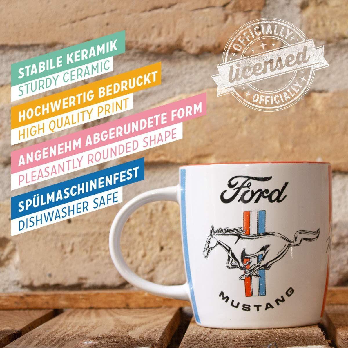 KAFFEETASSE 330 ml Ford Mustang Horse & Stripes Logo - Multicolor, Keramik (0.33L) - Nostalgic-Art