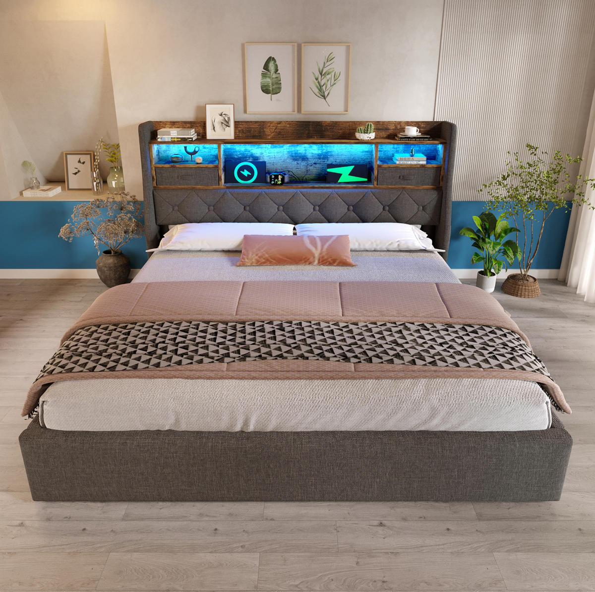 POLSTERBETT 160/200 cm Grau aus Leinen mit LED und Stauraum - Grau, Textil (160/200cm) - OKMYHOME