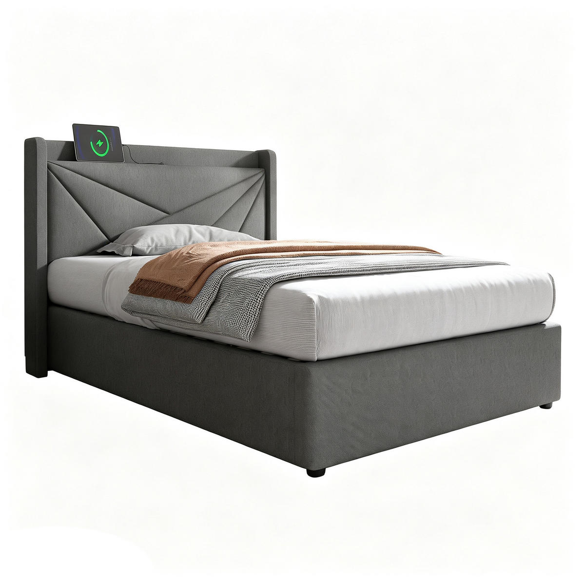 POLSTERBETT 90/200 mit Bettkasten und USB Type-C in Leinen - Grau, Holzwerkstoff/Textil (90/200cm) - EVRYAE