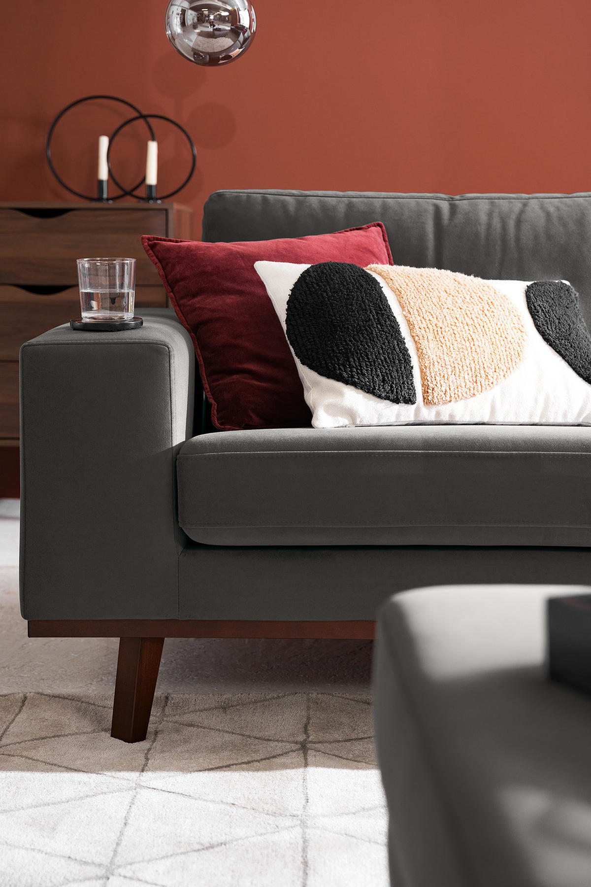 ECKSOFA mit Ottomane - Dunkelgrau/Buchefarben, Buchenholz/Textil (287/219cm) - home24