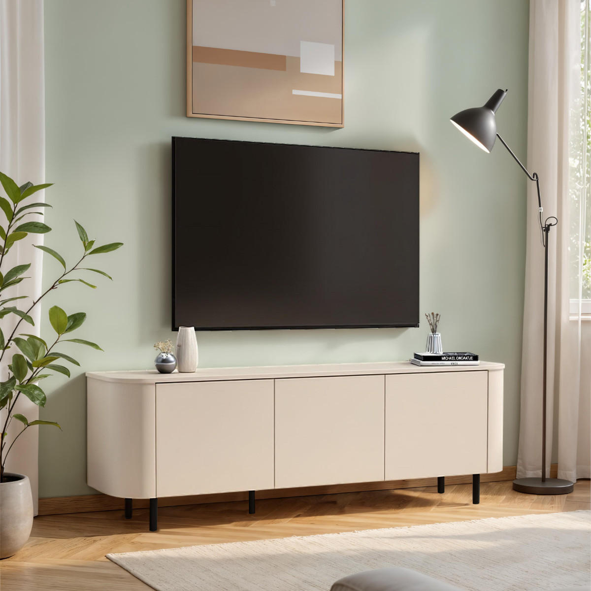TV-MÖBEL 3 Türen abgerundete Kanten Kaschmir 180,2/42/60,2 cm - Beige, Holzwerkstoff (42/60.2/180.2cm) - Calicosy