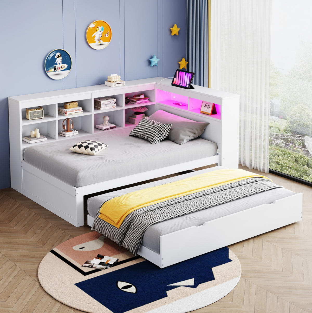 MULTIFUNKTIONSBETT 90/200 cm Weiß mit ausziehbarem Bett und USB-Anschluss - Weiß, Holzwerkstoff (90/200cm) - OKWISH