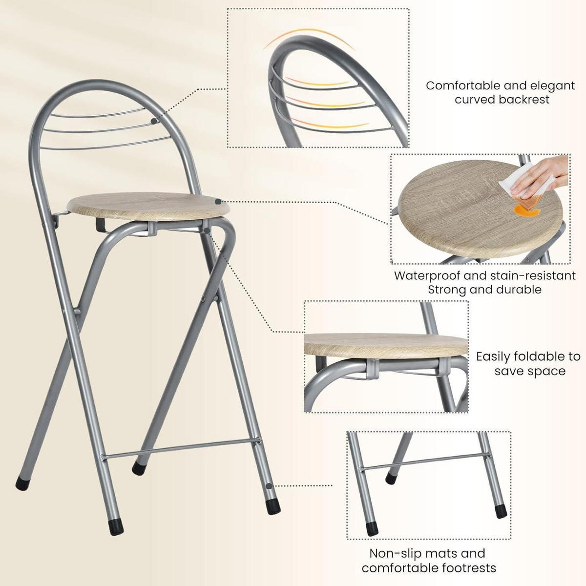 BARHOCKER 6er-Set Holzmaserung und Silber Sitzhöhe 61 cm - Multicolor, Metall (36/79/41cm)