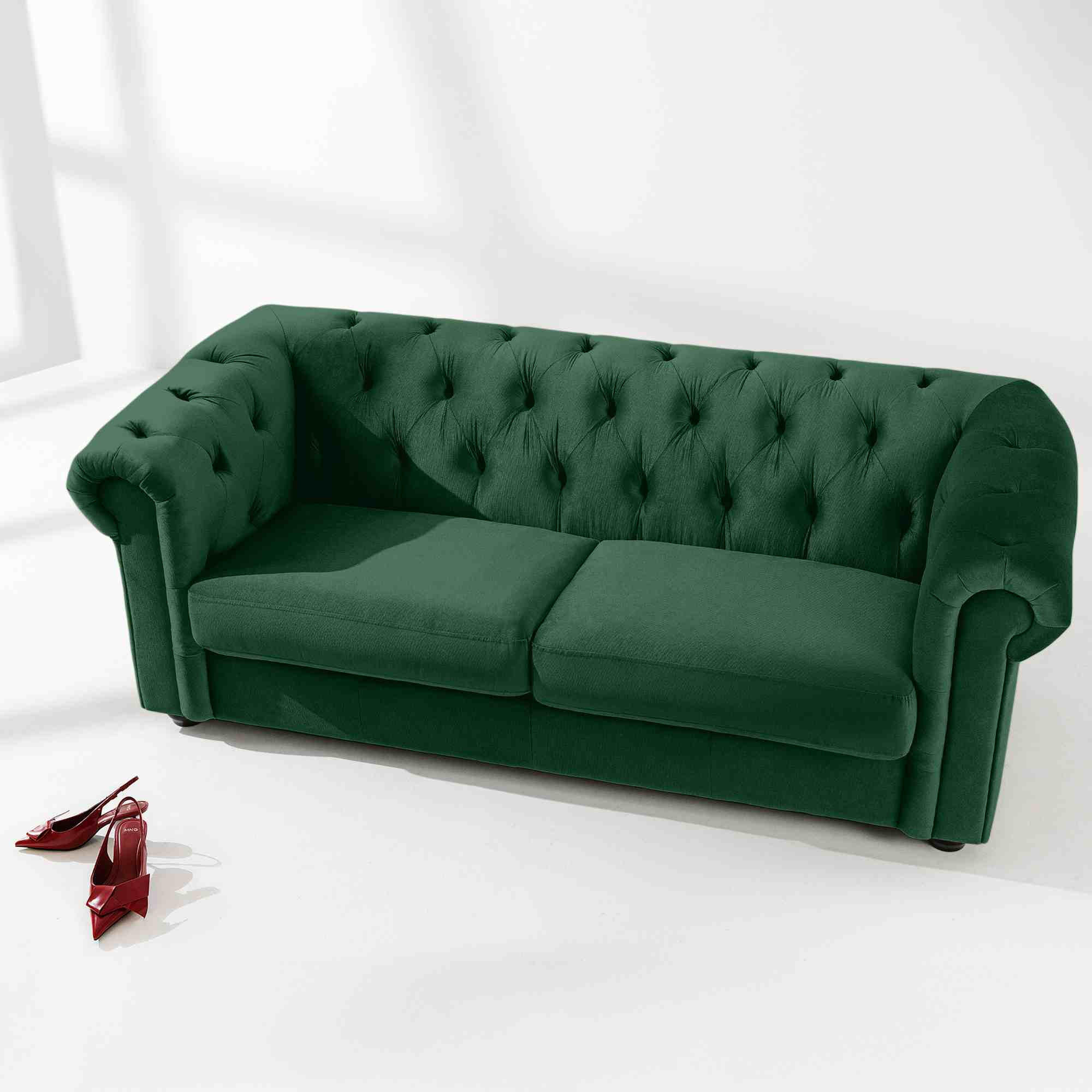 3-SITZER-SOFA GRAVO Chesterfield, Velours - Wengefarben/Dunkelgrün, Leder/Holz (202/72/95cm) - KONSIMO®
