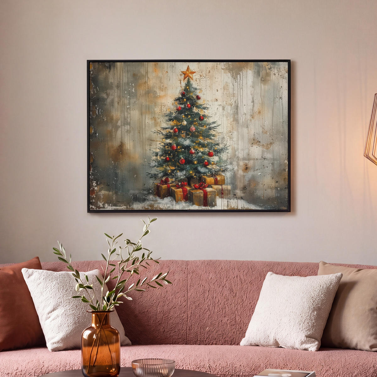 LEINWAND Bilder mit Rahmen - Weihnachtsbaum - Vintage - Weihnachten - Geschenk - 70x50 - Rostfarben, Textil (70/50cm) - MuchoWow