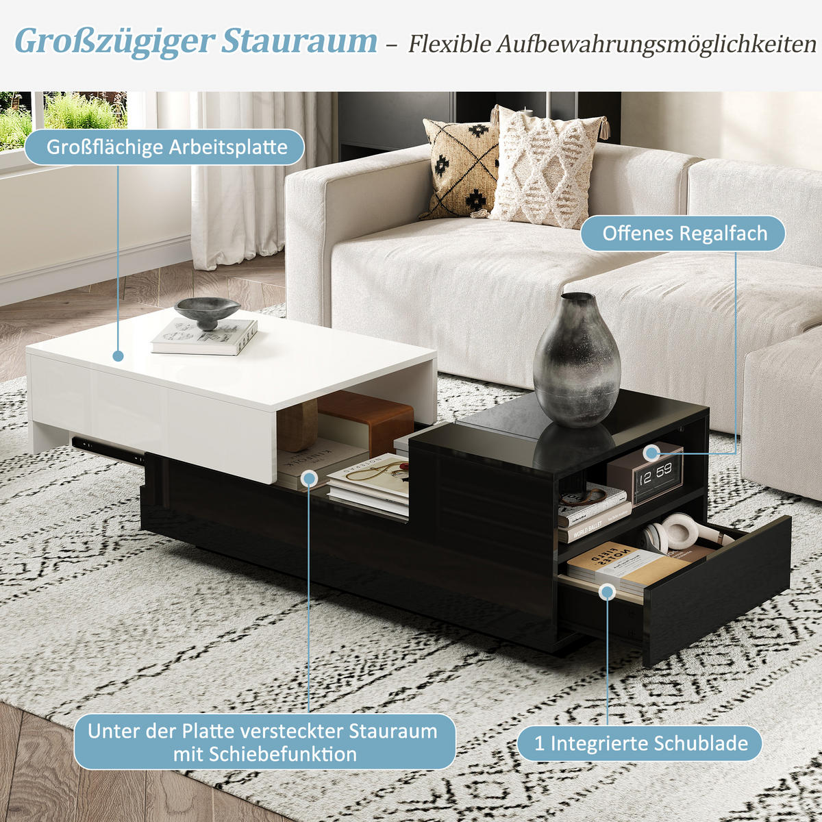 COUCHTISCH Hochglanz 100cm Schublade Schiebeplatte Stauraum modern - Weiß, Holzwerkstoff (100/50/38cm) - FLIEKS