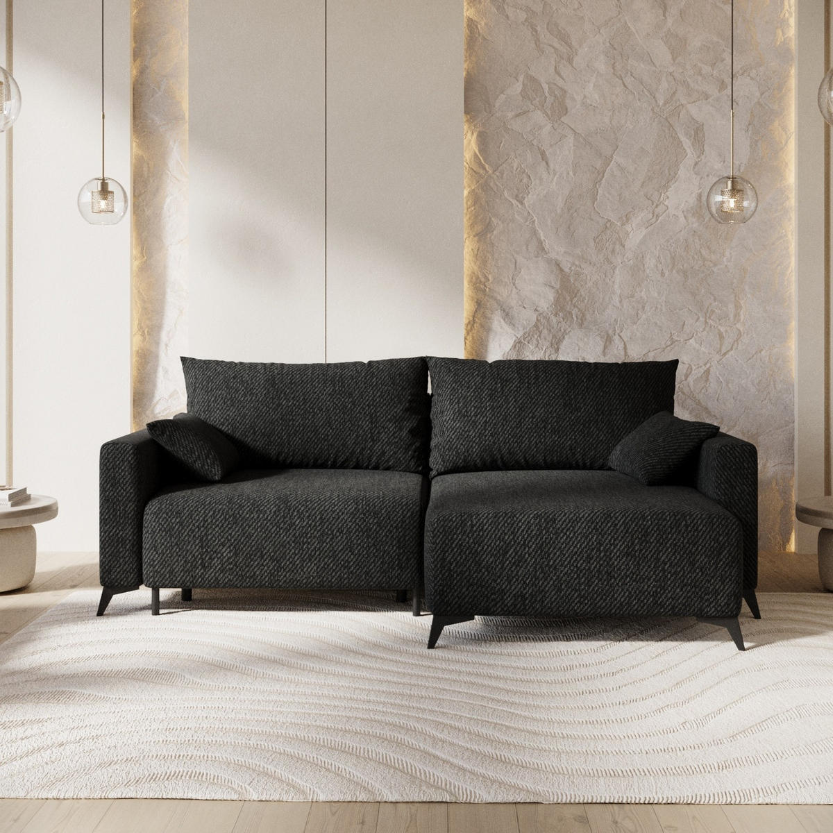 ECKSOFA NUVIO mit Schlaffunktion Schwarz im Neve Stoff - Schwarz, Holz/Holzwerkstoff (239/148cm) - AltaBeds