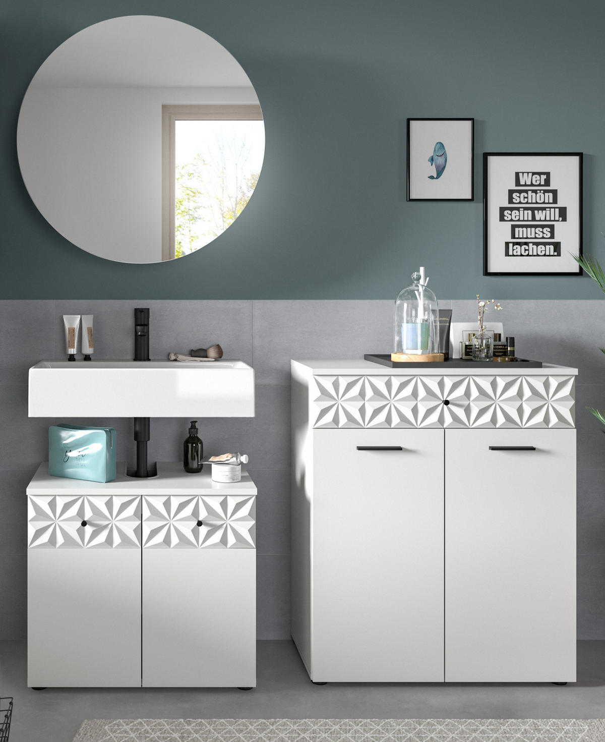 BADMÖBEL-SET weiß Hochglanz 3-teilig 155 cm, Komplettset mit 3D-Struktur - Weiß Hochglanz, Glas/Holzwerkstoff (155/187/37cm) - Inn.Furn