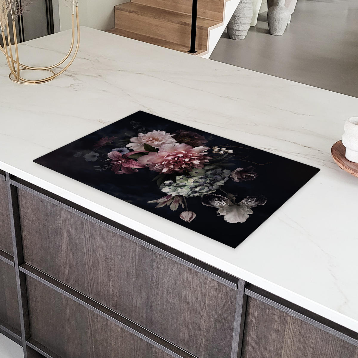 HERDABDECKPLATTE Blumen - Vintage - Pastell - Rosa - Weiß 83x51 cm - Altrosa, Kunststoff (83/51.5/0.2cm) - MuchoWow