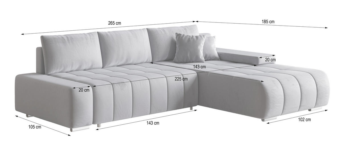 ECKSOFA ALESE L-S Braun Velours-Stoff mit Schlaffunktion - Braun, Holz (265/185cm) - MASSENO
