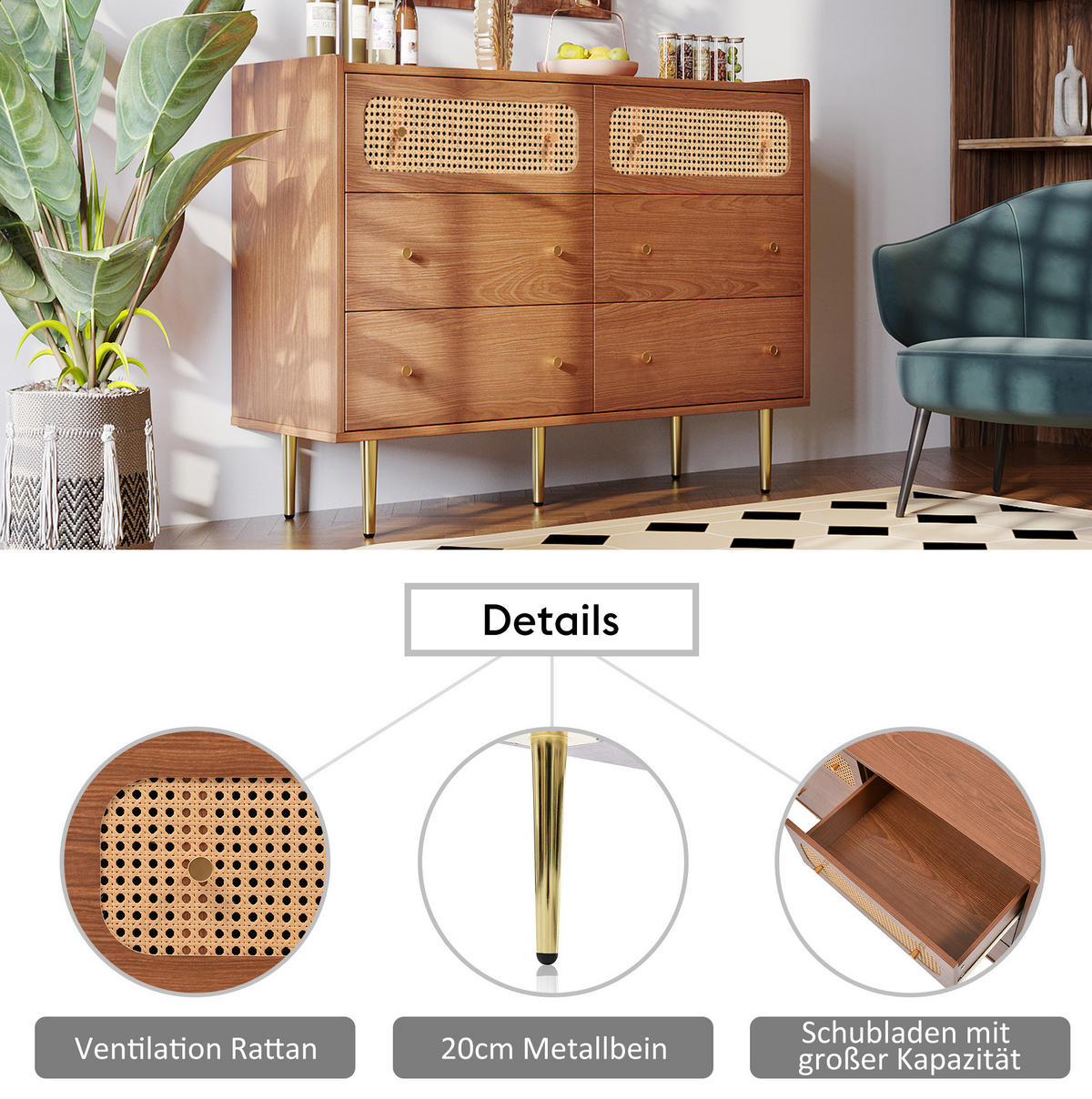 KOMMODE 120/90/40 cm Nussbaum aus Spanplatte, Metall und MDF mit 6 Schubladen - Naturfarben, Metall (40/90/120cm) - OKMYHOME