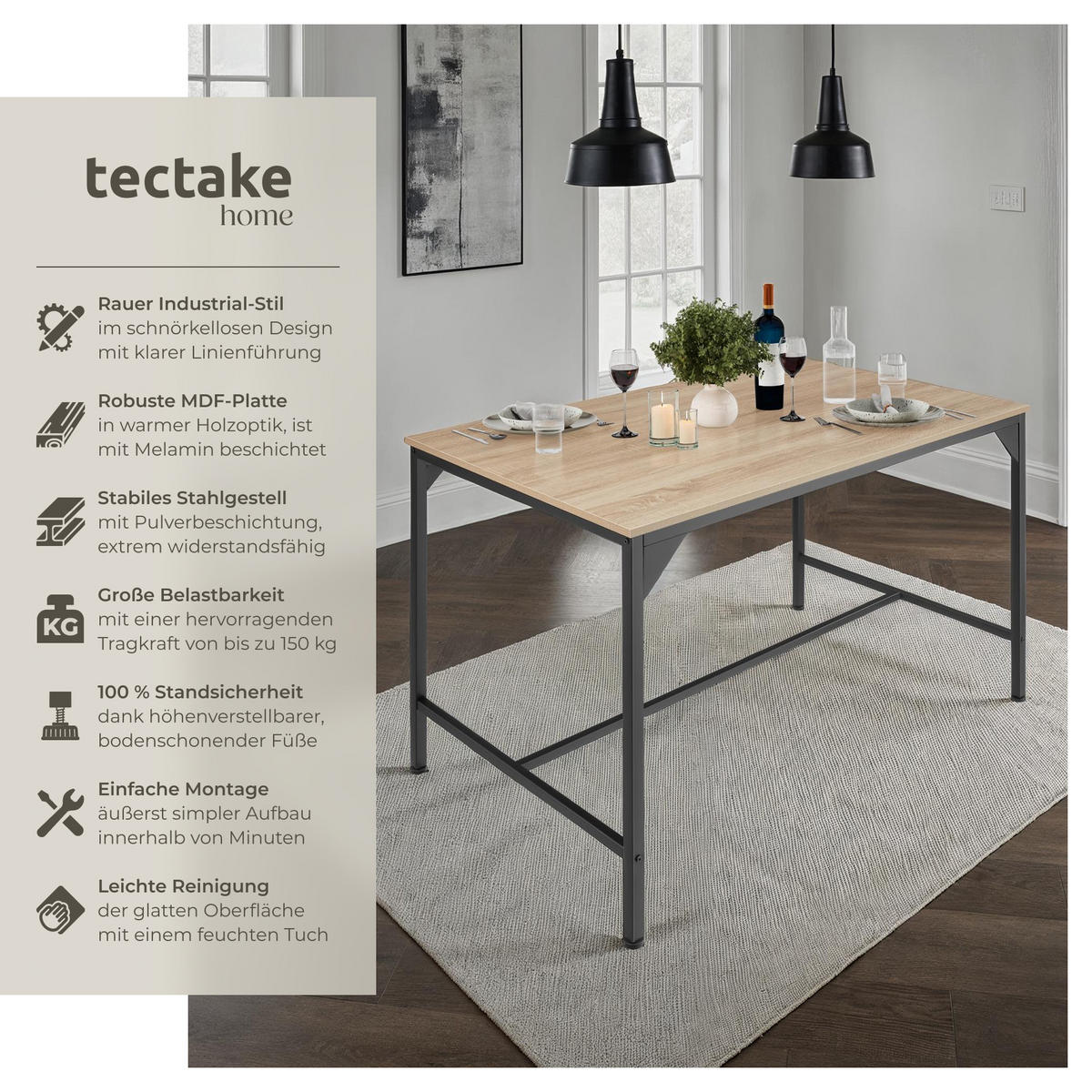 ESSTISCH Belfast,120 x 75 x 75 cm,Industrial Holz hell, Eiche Sonoma - Naturfarben, Holz (120/75/75cm) - tectake