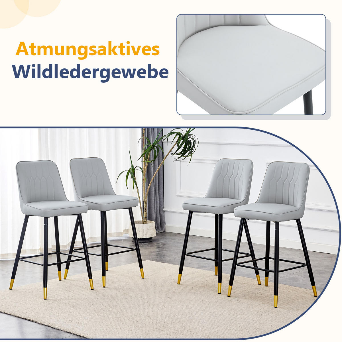BARHOCKER 2er-Set 100 cm PU-Leder Hellgrau mit Metallgestell - Grau, Metall (45/100/42cm) - Meubliv