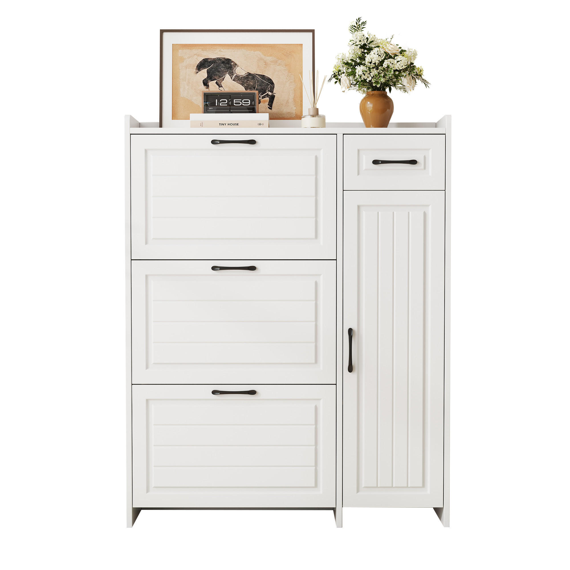 SCHUHSCHRANK 92x24x121cm Weiß mit 3 Klappen und Schublade - Weiß, Holzwerkstoff (92/121/24cm) - FLIEKS