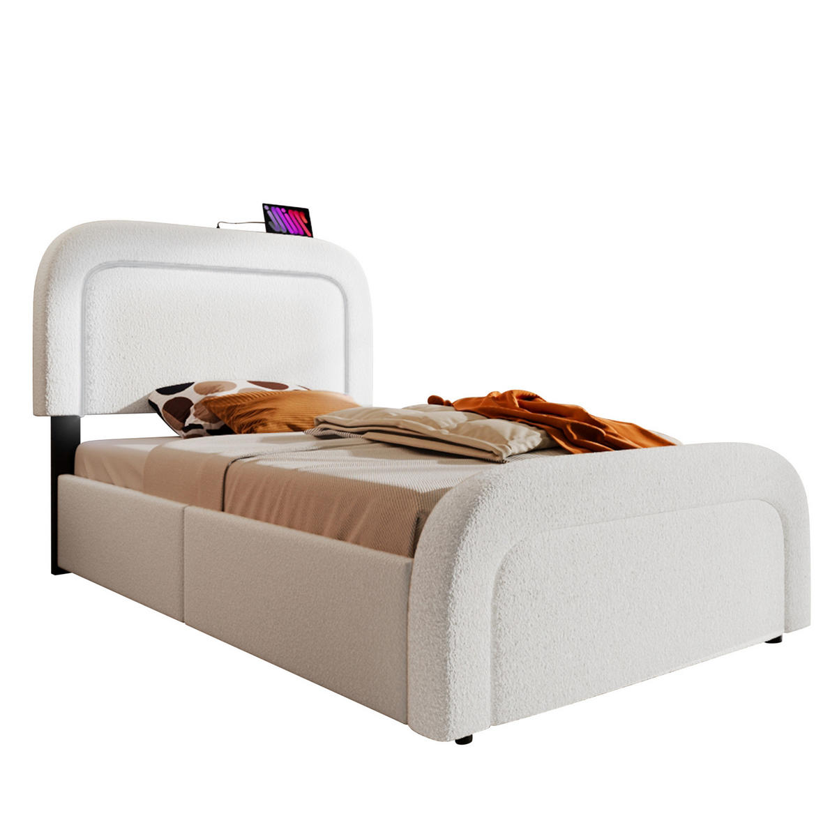 POLSTERBETT 90/200 cm Weiß mit LED-Beleuchtung, Schubladen und USB- und Type-C-Anschlüssen - Weiß, Textil (90/200cm) - Flora Grace
