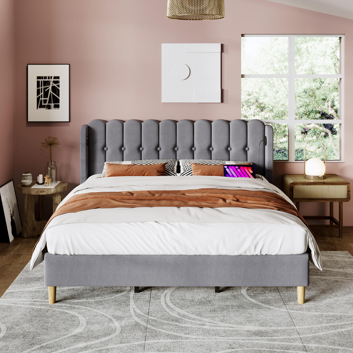 POLSTERBETT 160/200 cm Grau mit Matratze und USB- und Type-C-Anschlüssen - Grau, Textil (160/200cm) - Flora Grace