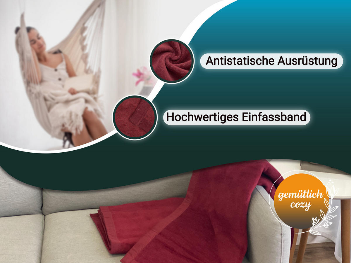 KUSCHELDECKE, 220x240 cm, 60% Baumwolle, 40% Polyacryl, Rot - Weinrot, Naturmaterialien (220/240cm) - Zollner