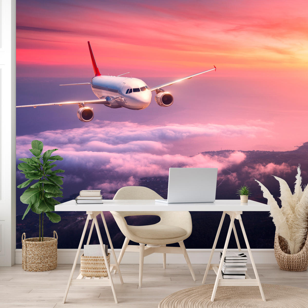 FOTOTAPETE für Wohnzimmer Flugzeug Sonnenuntergang Wolken Himmel 450x315 - Gelb/Rot, Papier (450/315cm) - Muralo