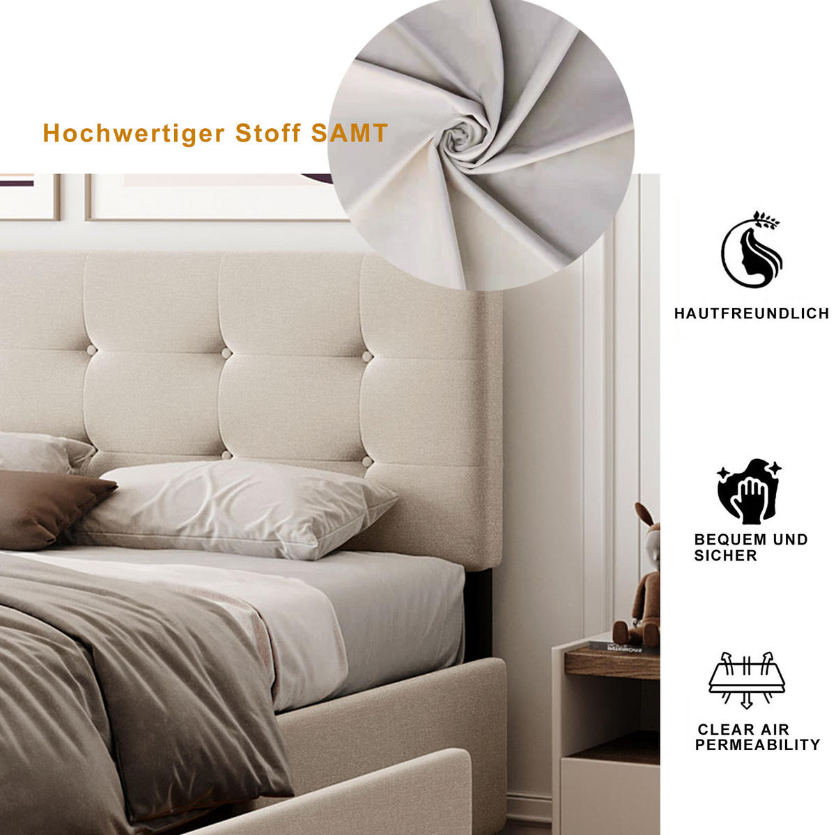 POLSTERBETT 140/200 cm Beige aus Stoff mit 4 Schubladen - Beige, Textil (140/200cm) - OKMYHOME