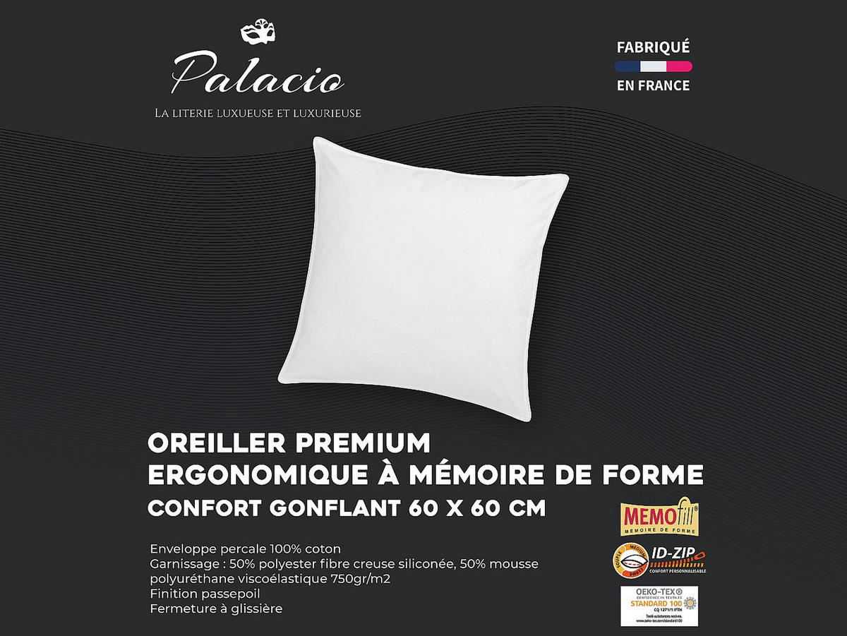 KOPFKISSEN Memory Schaum - 750 gr - 60 x 60 cm - Baumwollperkal - Weiß - AUXENCE - Weiß, Textil (60/60cm) - Vente-Unique