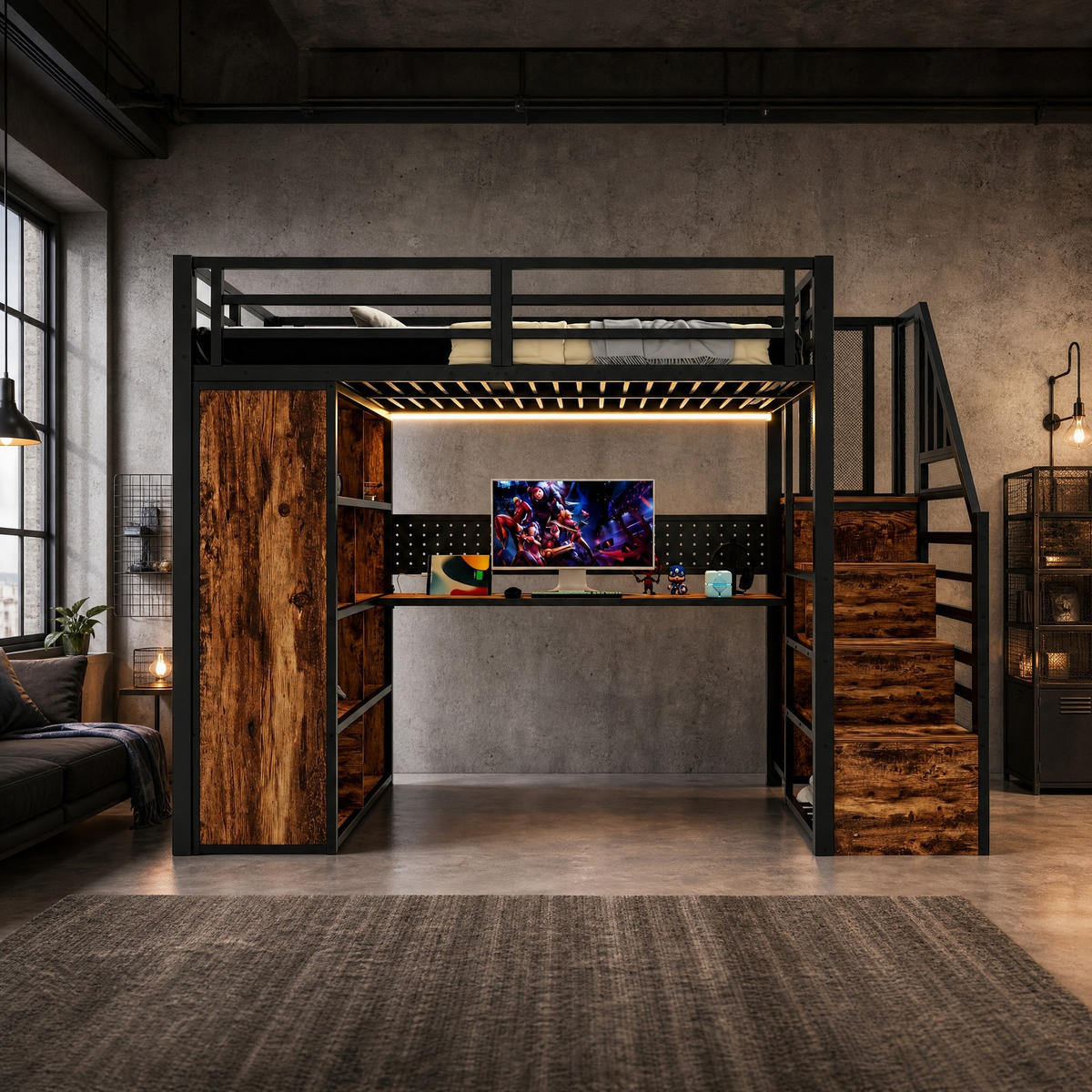 HOCHBETT 90/200 mit LED Kleiderschrank Schreibtisch und Steckdose in Schwarz - Schwarz, Holz/Holzwerkstoff (90/200cm) - EVRYAE